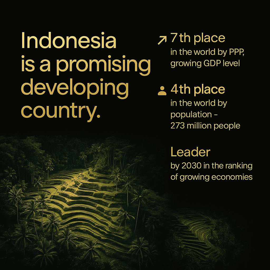 Terraced rice fields in Bali with statistics on Indonesia's economic potential