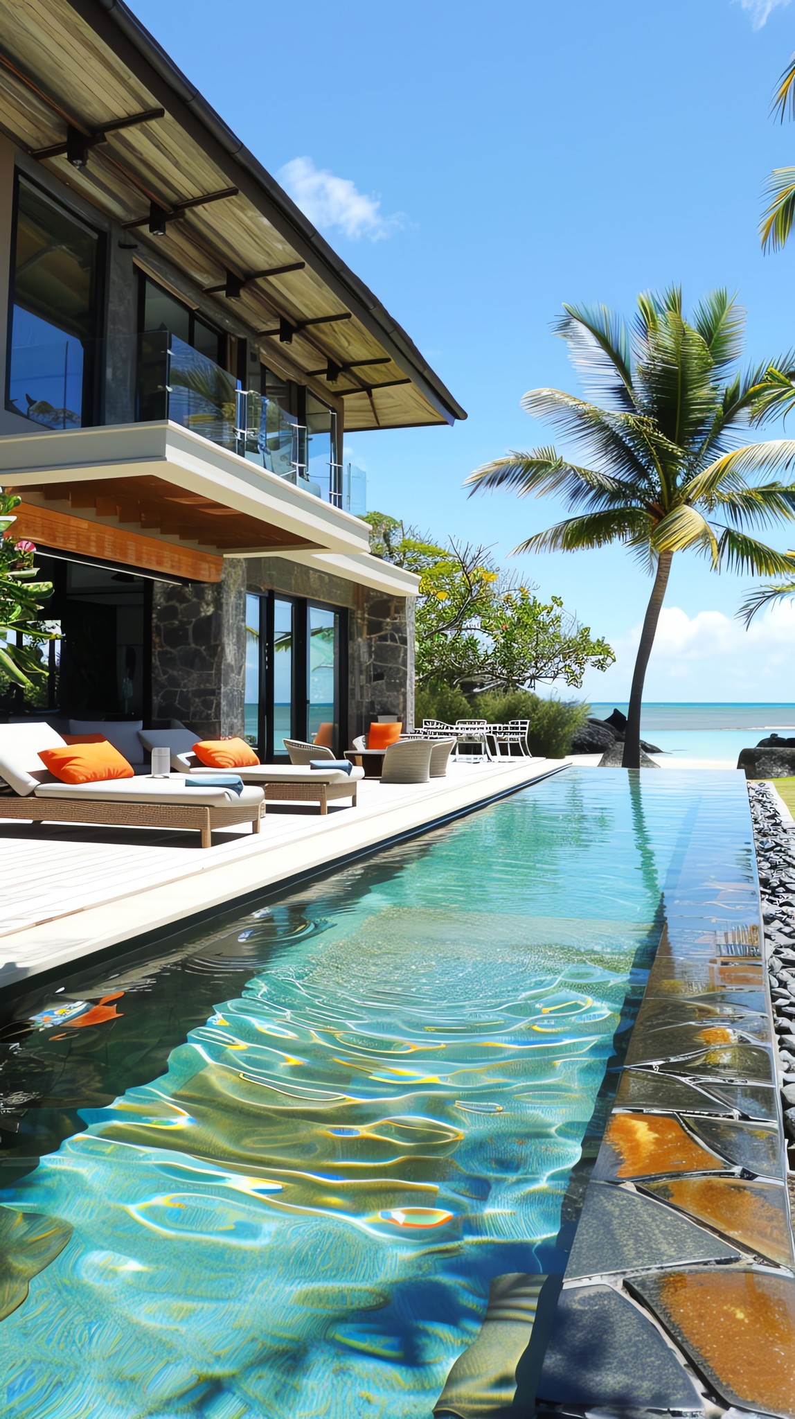 A luxurious villa with a private pool overlooking a tropical beach